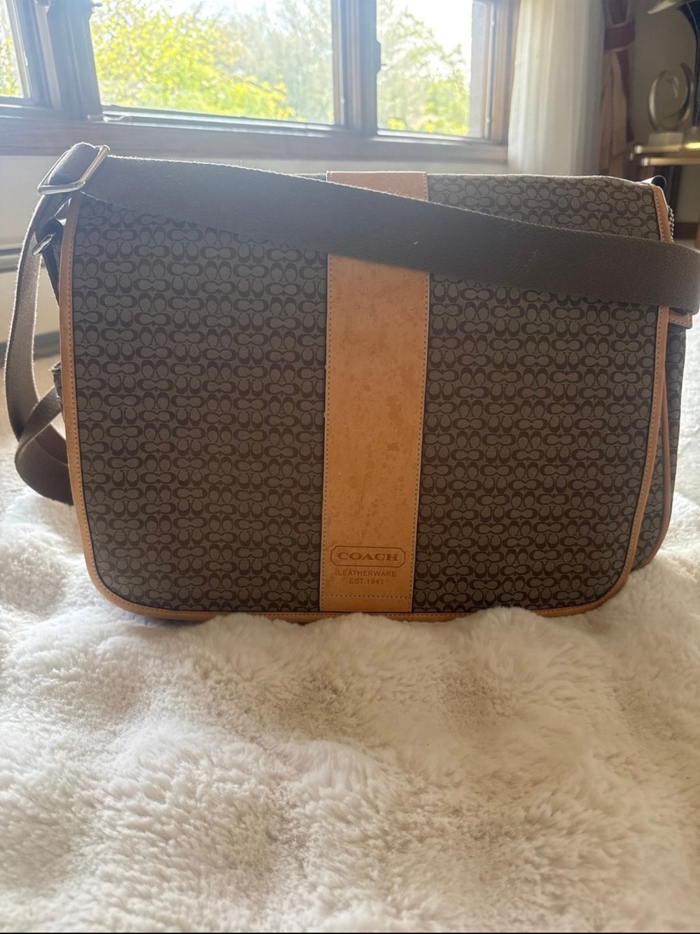 Coach Brown Signature Canvas Diaper Bag with Tan Leather Trim